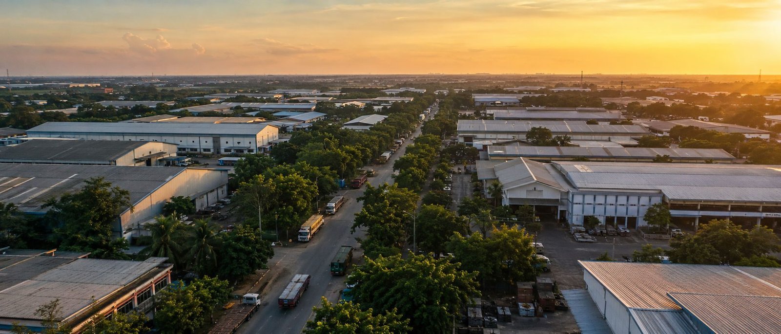 Distrik 7 industrial estate at golden hour